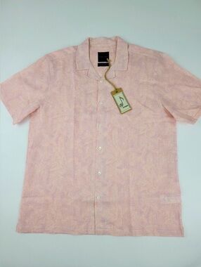 Stitch Note Men's Short-Sleeve Button-Down Linen Shirt in Light Pink